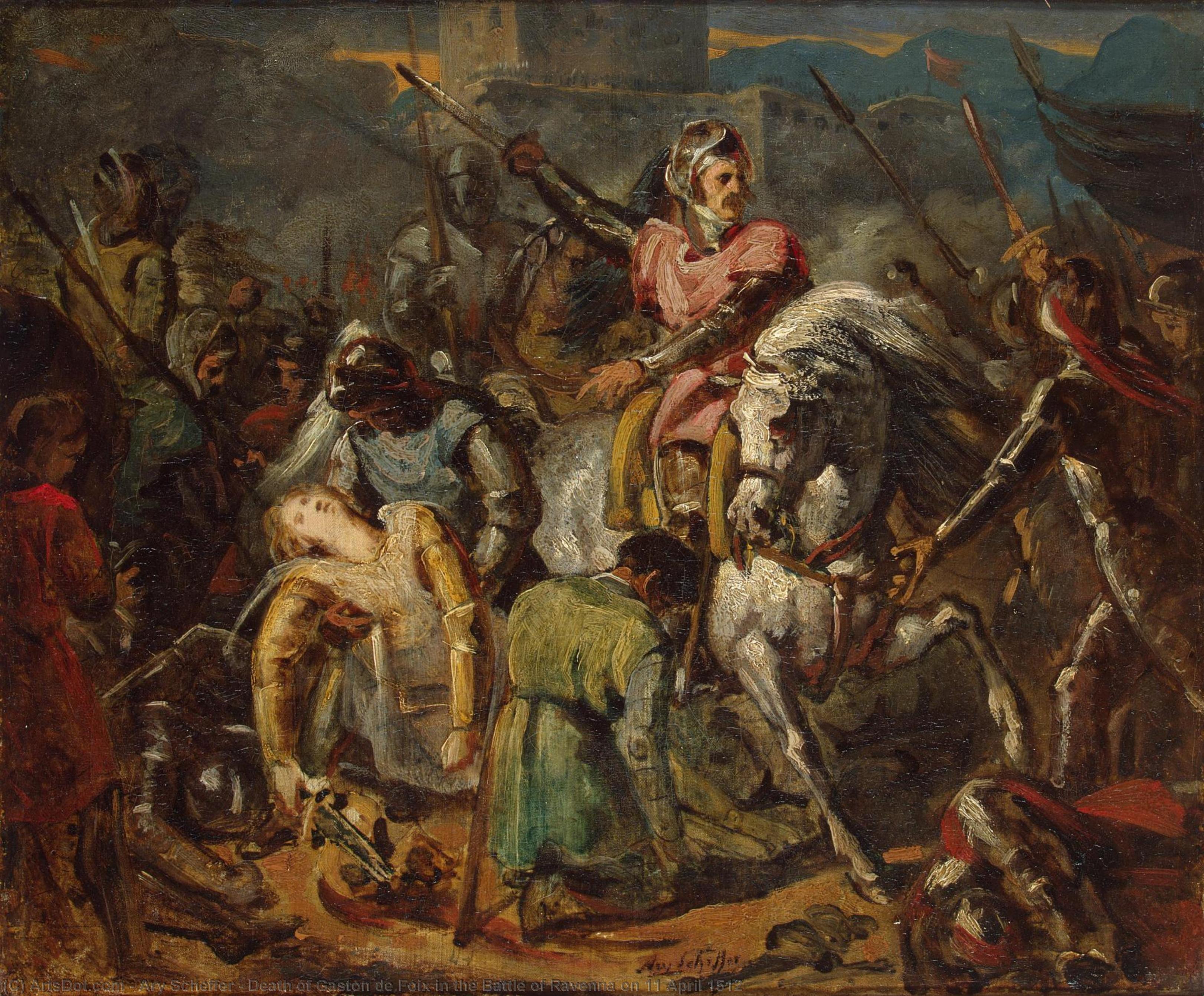 WikiOO.org - Encyclopedia of Fine Arts - Lukisan, Artwork Ary Scheffer - Death of Gaston de Foix in the Battle of Ravenna on 11 April 1512