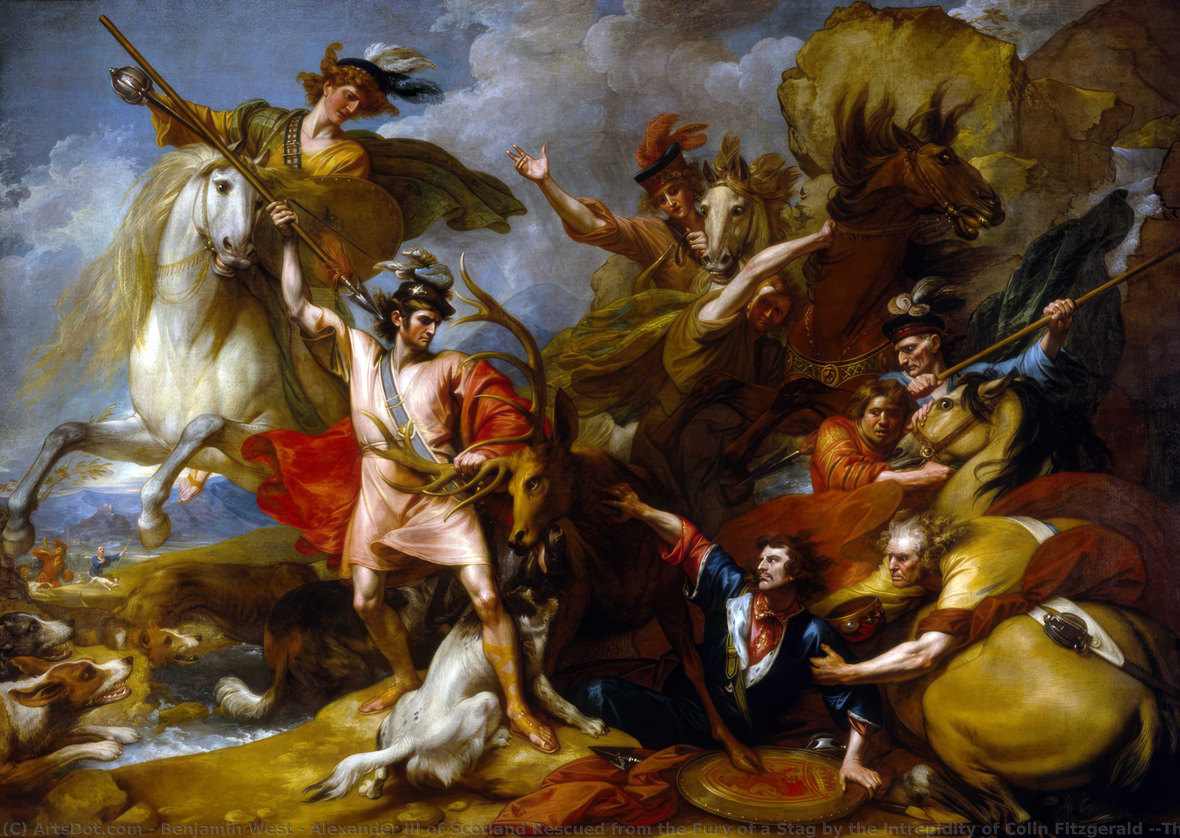 Wikioo.org - The Encyclopedia of Fine Arts - Painting, Artwork by Benjamin West - Alexander III of Scotland Rescued from the Fury of a Stag by the Intrepidity of Colin Fitzgerald ('The Death of the Stag')