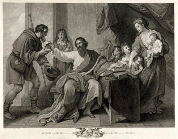 WikiOO.org - Enciclopedia of Fine Arts - Pictura, lucrări de artă Benjamin West - Alfred the Great Dividing his Loaf with the Pilgrim