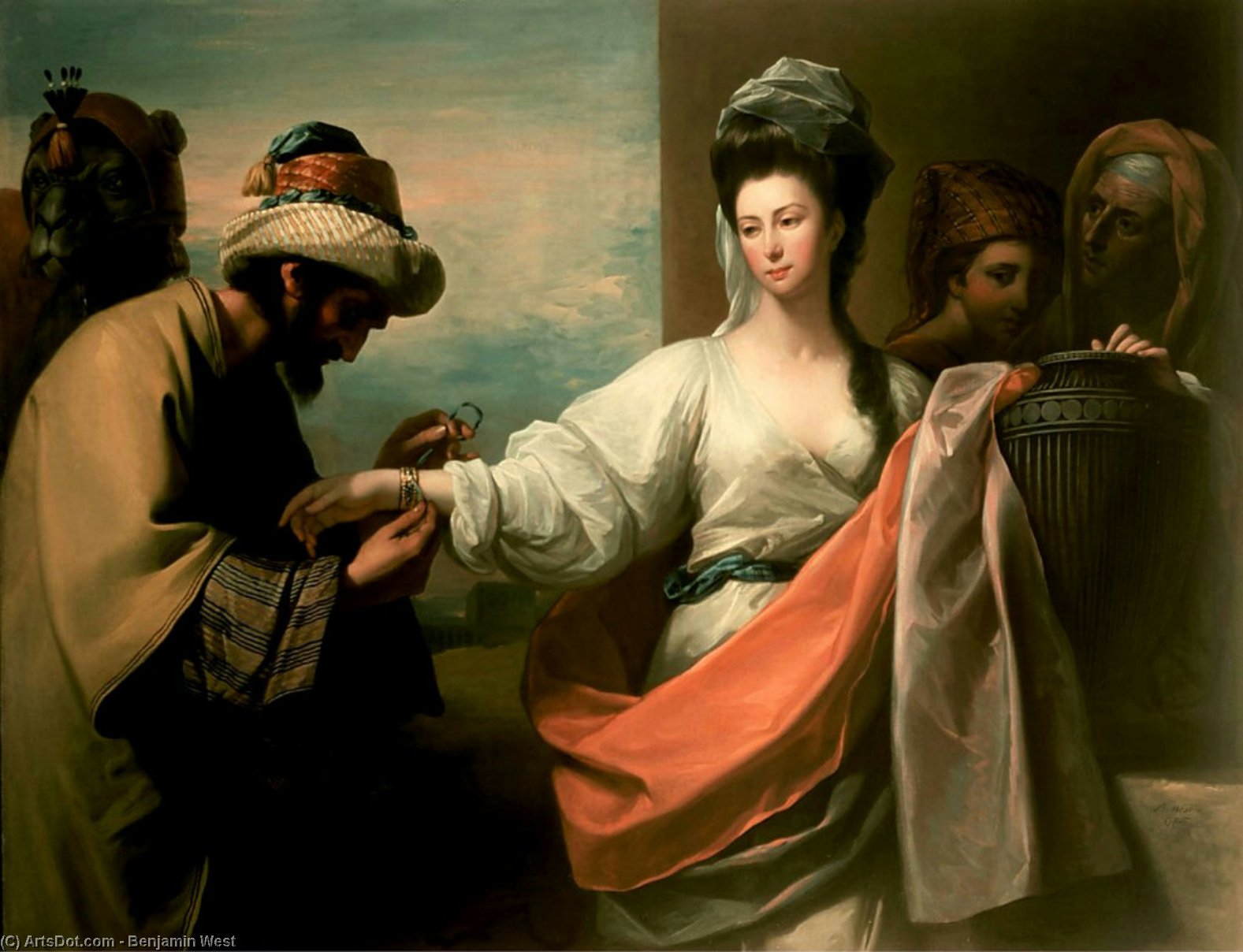 Wikioo.org - The Encyclopedia of Fine Arts - Painting, Artwork by Benjamin West - Isaac's Servant Trying the Bracelet on Rebecca's Arm