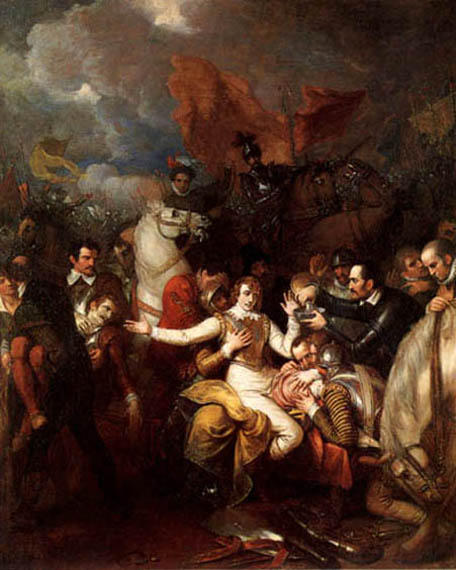 Wikioo.org – La Enciclopedia de las Bellas Artes - Pintura, Obras de arte de Benjamin West - La Hiriente fatal de Sir Philip Sidney