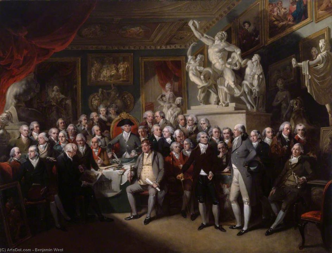 WikiOO.org - Enciklopedija dailės - Tapyba, meno kuriniai Benjamin West - The Royal Academicians in the General Assembly by Henry Singleton