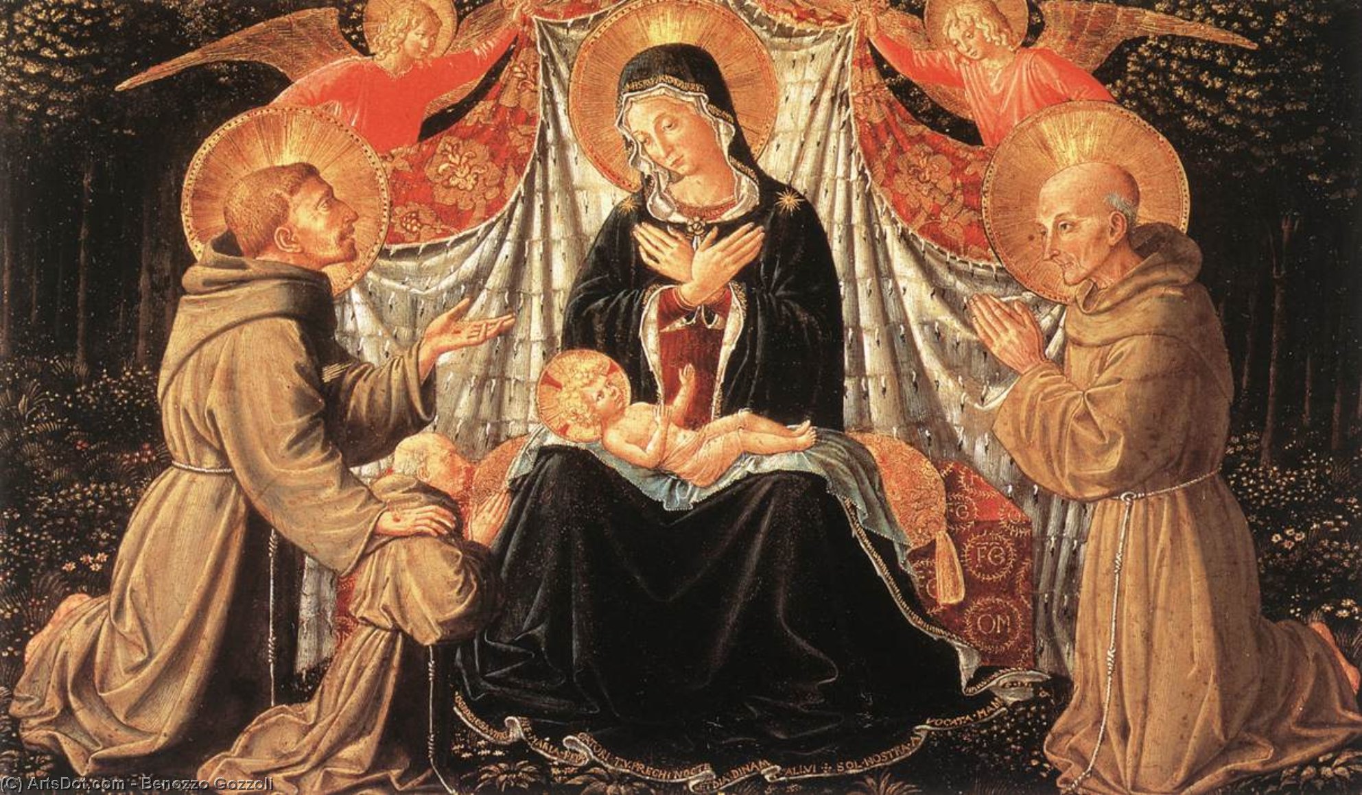 Wikioo.org - The Encyclopedia of Fine Arts - Painting, Artwork by Benozzo Gozzoli - Madonna and Child with Sts Francis and Bernardine, and Fra Jacopo
