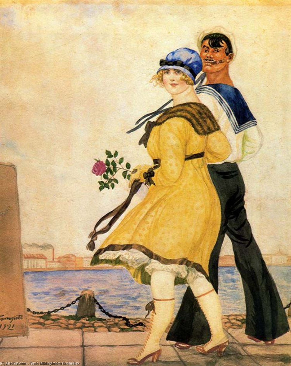 Wikioo.org - The Encyclopedia of Fine Arts - Painting, Artwork by Boris Mikhaylovich Kustodiev - A Sailor and His Sweetheart