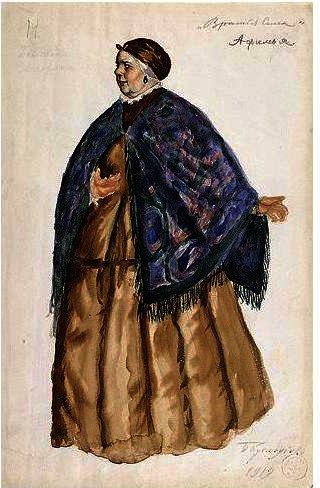 Wikioo.org - The Encyclopedia of Fine Arts - Painting, Artwork by Boris Mikhaylovich Kustodiev - Costume Design For Afimia, An Elderly Peasant Woman With Blue Shawl