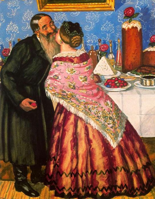 Wikioo.org - The Encyclopedia of Fine Arts - Painting, Artwork by Boris Mikhaylovich Kustodiev - Easter Day. Kissing