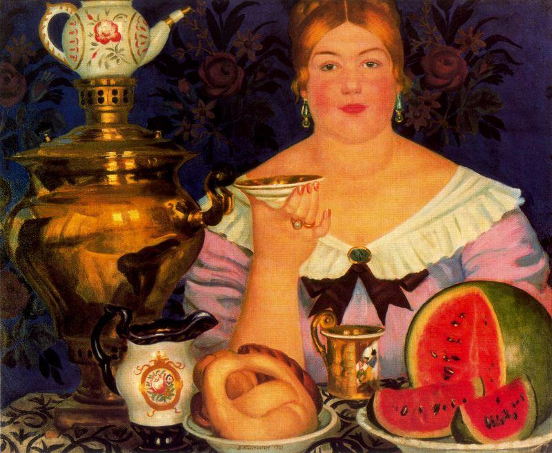 Wikioo.org - The Encyclopedia of Fine Arts - Painting, Artwork by Boris Mikhaylovich Kustodiev - Merchant's wife Drinkinq tea