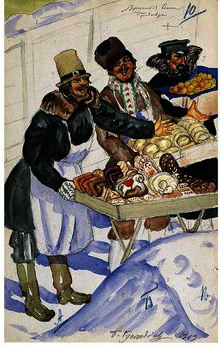 WikiOO.org - Enciklopedija dailės - Tapyba, meno kuriniai Boris Mikhaylovich Kustodiev - The Bagel Vendors