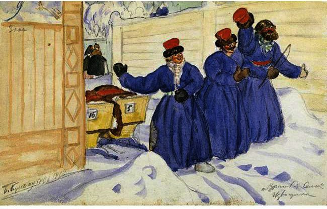 WikiOO.org - Енциклопедия за изящни изкуства - Живопис, Произведения на изкуството Boris Mikhaylovich Kustodiev - THREE COACHMEN IN THE SNOW