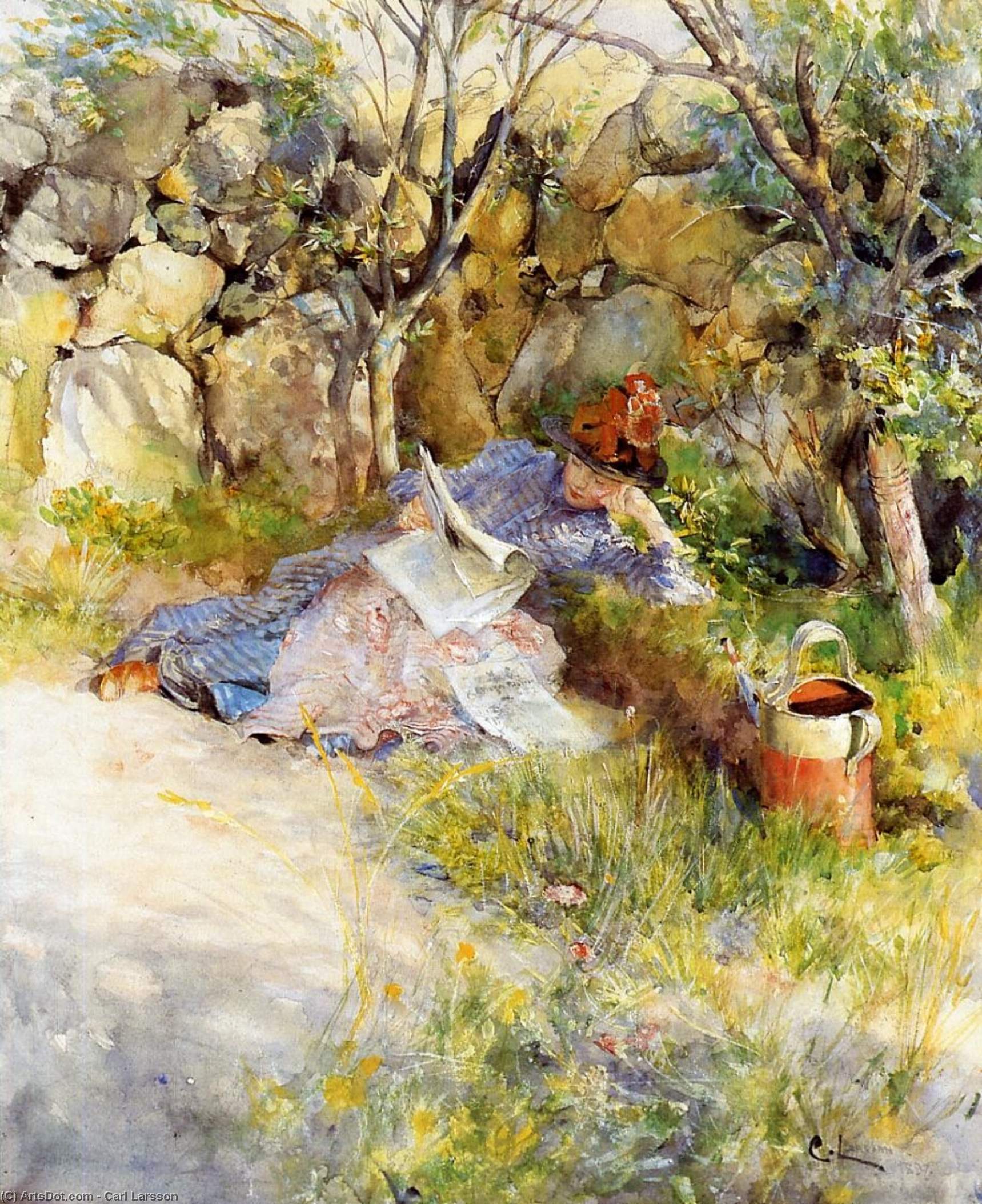 Wikioo.org - The Encyclopedia of Fine Arts - Painting, Artwork by Carl Larsson - A Lady Reading a Newspaper