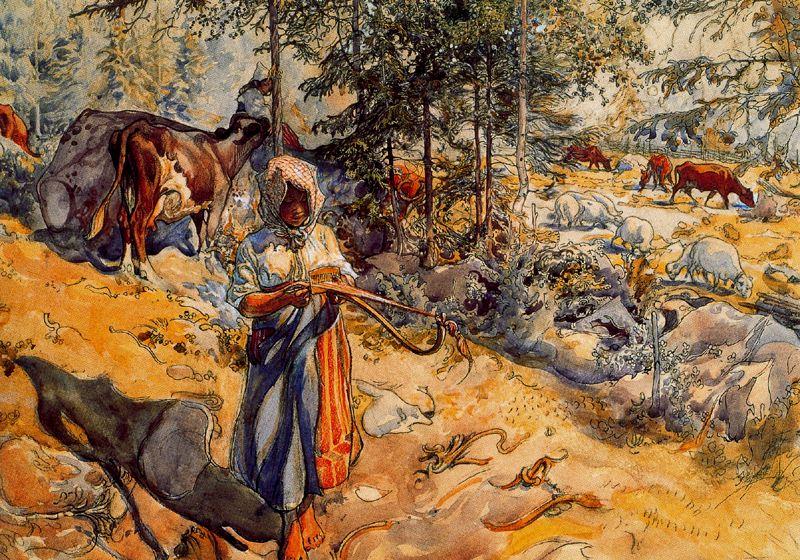 Wikioo.org - The Encyclopedia of Fine Arts - Painting, Artwork by Carl Larsson - Cowgirl in the meadow