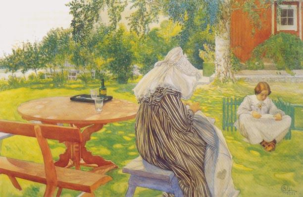 Wikioo.org - The Encyclopedia of Fine Arts - Painting, Artwork by Carl Larsson - In The Back Yard