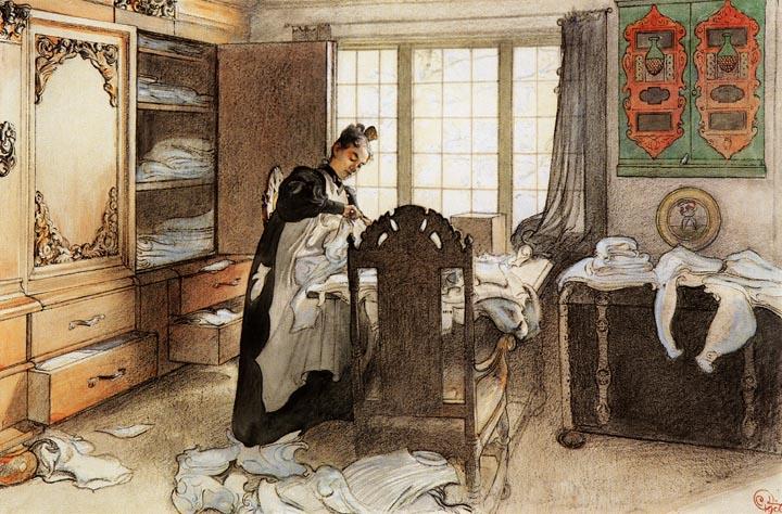 Wikioo.org - The Encyclopedia of Fine Arts - Painting, Artwork by Carl Larsson - Karin At The Linen Cupboard