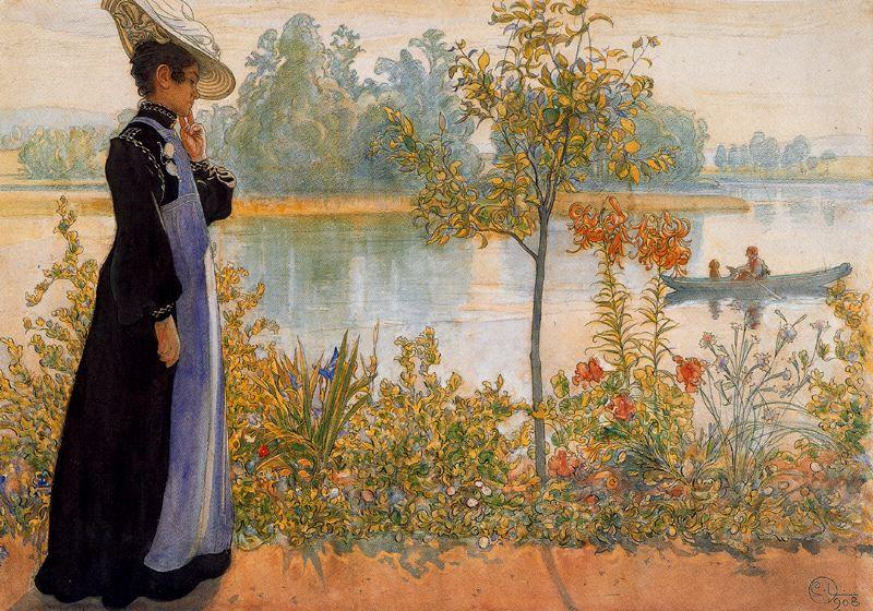 Wikioo.org - The Encyclopedia of Fine Arts - Painting, Artwork by Carl Larsson - Karin near the lake