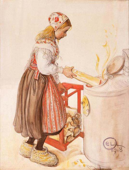 WikiOO.org - Enciclopedia of Fine Arts - Pictura, lucrări de artă Carl Larsson - LillAnna Feeds The Heater