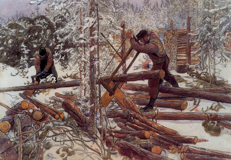 Wikioo.org - The Encyclopedia of Fine Arts - Painting, Artwork by Carl Larsson - Loggers in the forest