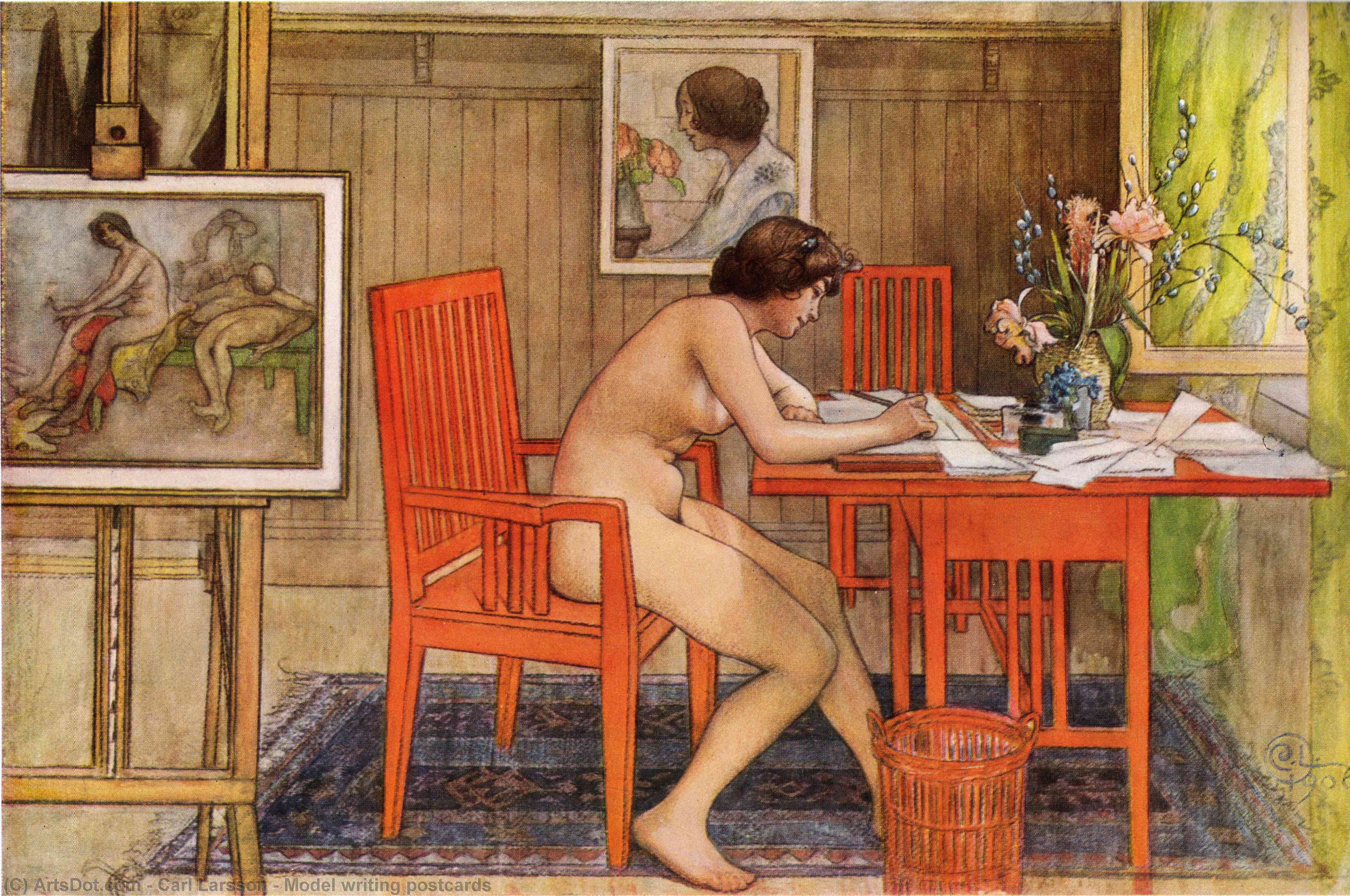 Wikioo.org - The Encyclopedia of Fine Arts - Painting, Artwork by Carl Larsson - Model writing postcards