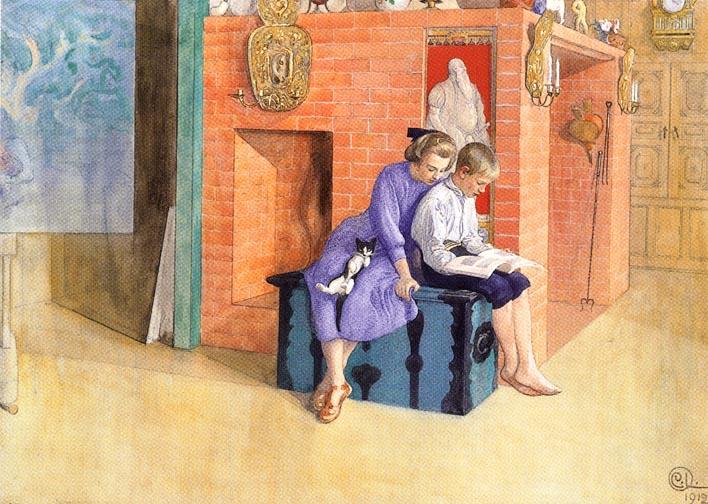 Wikioo.org - The Encyclopedia of Fine Arts - Painting, Artwork by Carl Larsson - Three Sharing A Book
