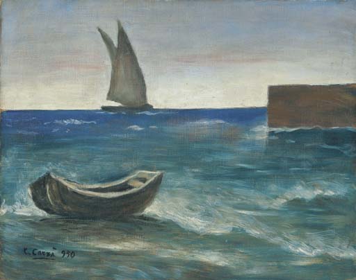 Wikioo.org - The Encyclopedia of Fine Arts - Painting, Artwork by Carlo Carrà - Marina con veliero e barca