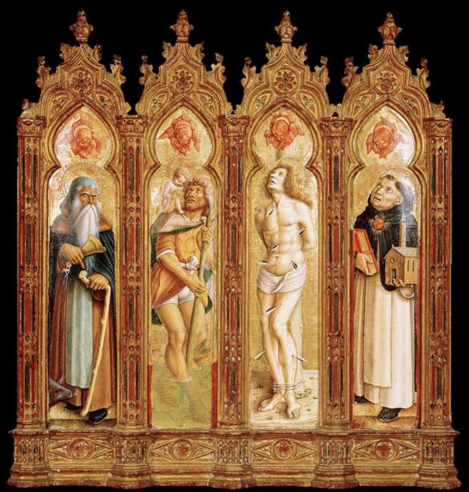 WikiOO.org - Encyclopedia of Fine Arts - Maalaus, taideteos Carlo Crivelli - San Antonio Abate, San Cristoforo, San Sebastiano y Santo Tomás de Aquino