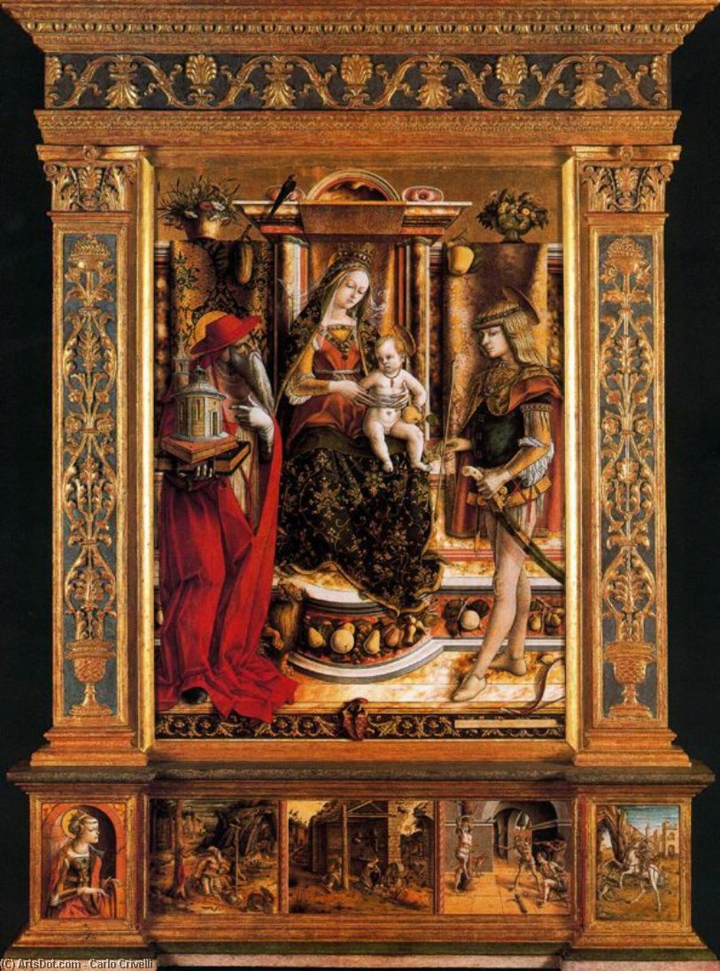 Wikioo.org - The Encyclopedia of Fine Arts - Painting, Artwork by Carlo Crivelli - The Virgin and Child with Saint Jerome and Saint Sebastian