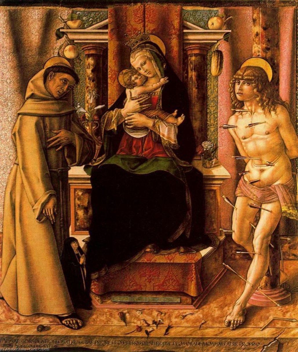 Wikioo.org - The Encyclopedia of Fine Arts - Painting, Artwork by Carlo Crivelli - The Virgin and Child with Saints Francis and Sebastian