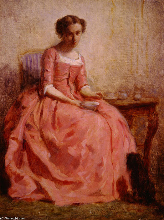 Wikioo.org - The Encyclopedia of Fine Arts - Painting, Artwork by Charles Chaplin - Girl in a Pink Dress Reading, with a Dog