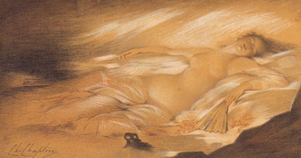 WikiOO.org - Encyclopedia of Fine Arts - Maleri, Artwork Charles Chaplin - Reclining Nude with Fan