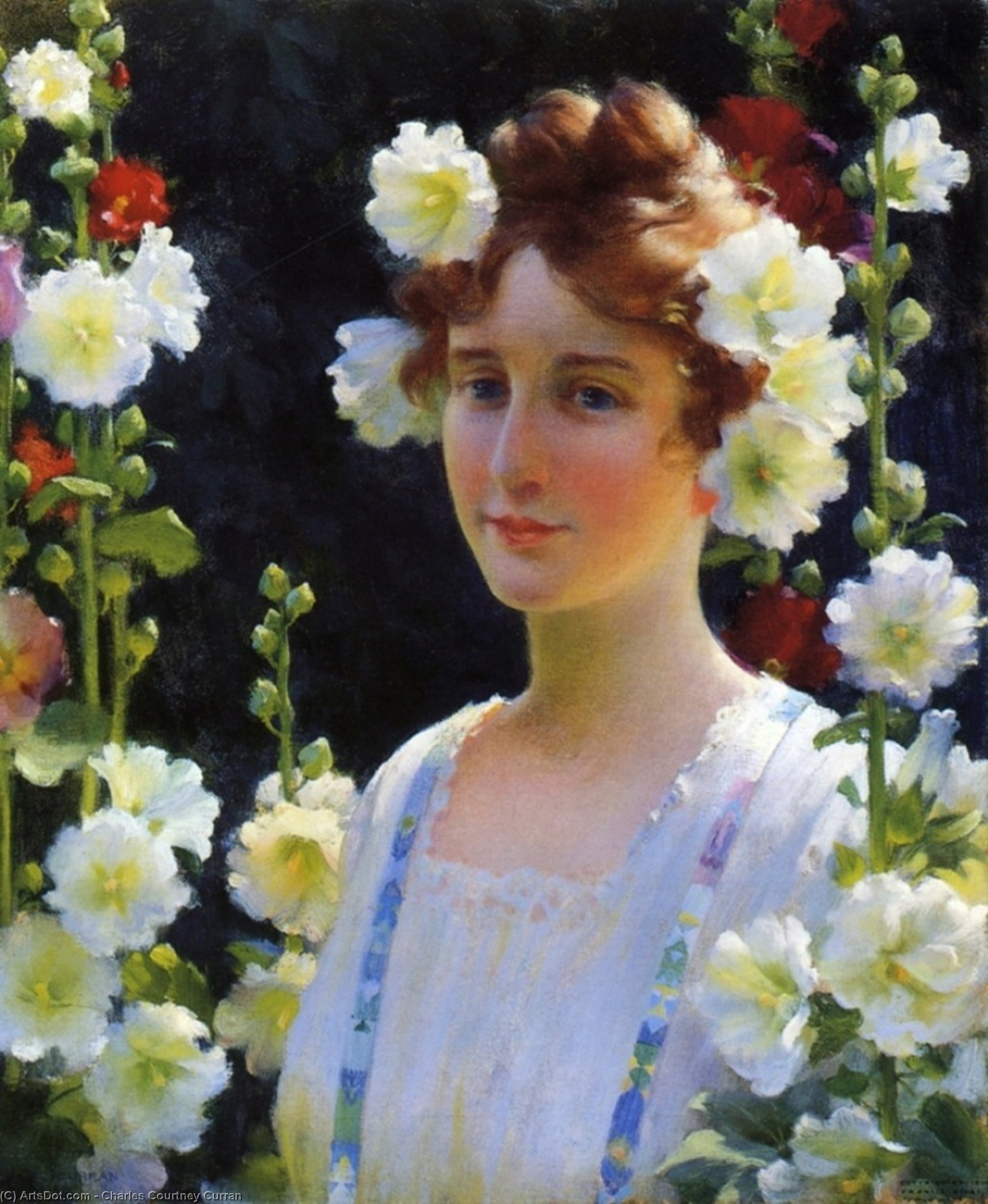 Wikioo.org - The Encyclopedia of Fine Arts - Painting, Artwork by Charles Courtney Curran - Among The Hollyhocks