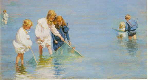 Wikioo.org - The Encyclopedia of Fine Arts - Painting, Artwork by Charles Courtney Curran - Children Catching Minnows