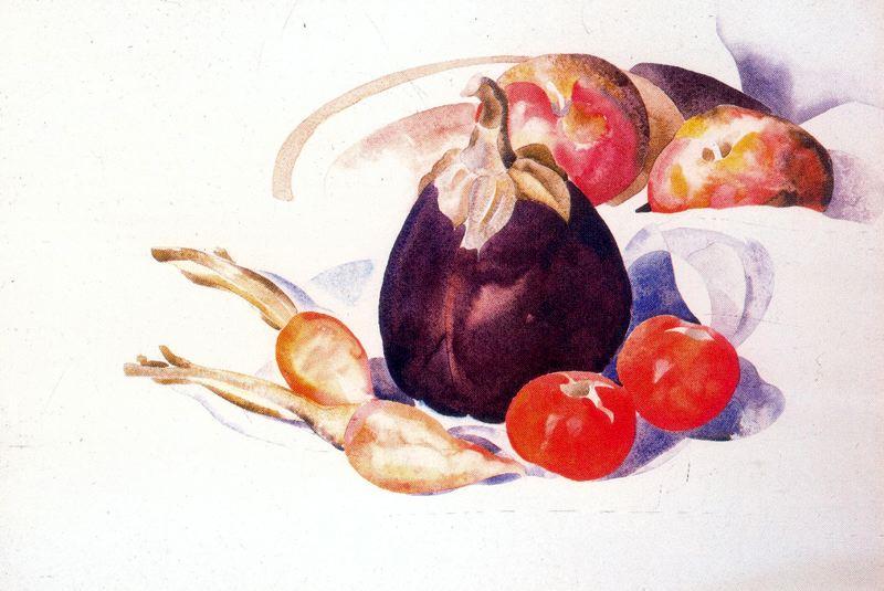 Wikioo.org – La Enciclopedia de las Bellas Artes - Pintura, Obras de arte de Charles Demuth - Berenjena, zanahorias y tomates