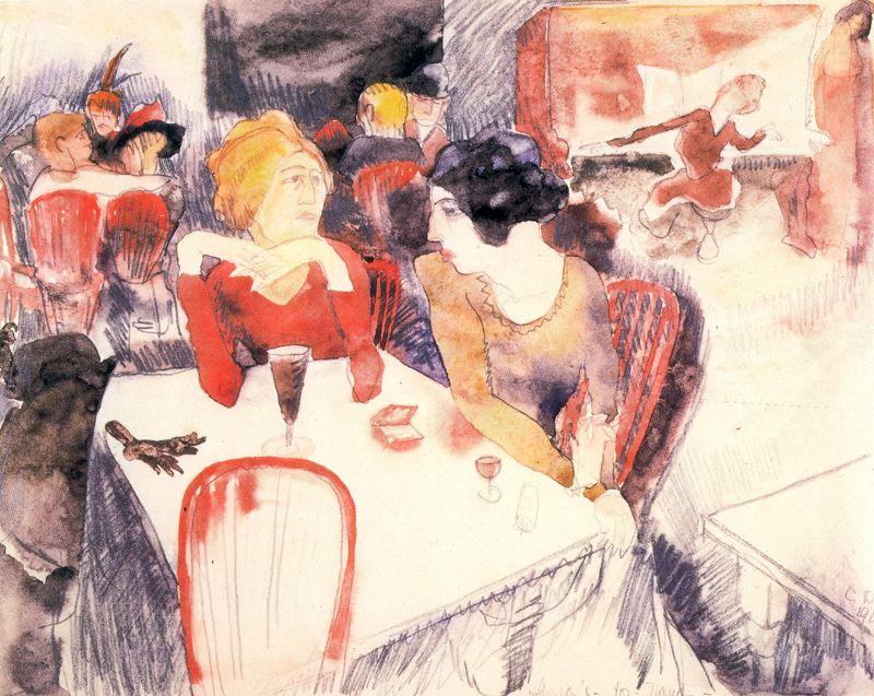 Wikioo.org - The Encyclopedia of Fine Arts - Painting, Artwork by Charles Demuth - Nana, seated left, and satin at Laure's Restaurant
