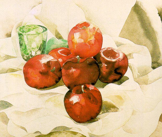 Wikioo.org – La Enciclopedia de las Bellas Artes - Pintura, Obras de arte de Charles Demuth - bodegón con manzanas y una verde vidrio
