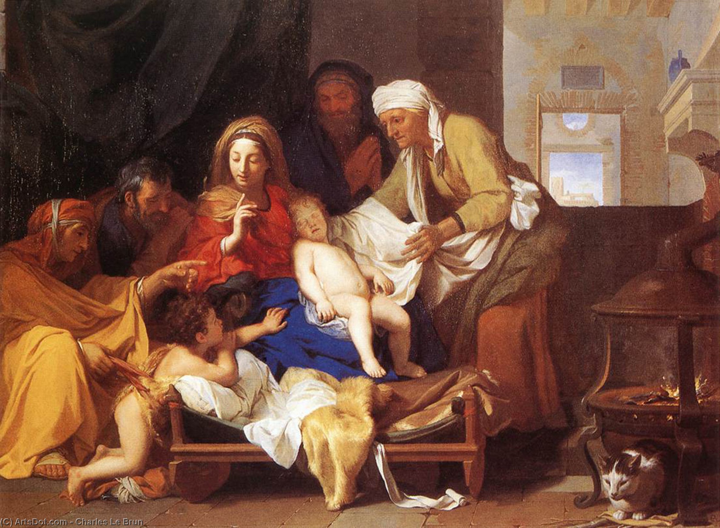 Wikioo.org – La Enciclopedia de las Bellas Artes - Pintura, Obras de arte de Charles Le Brun - santa familia con el adoración de niño