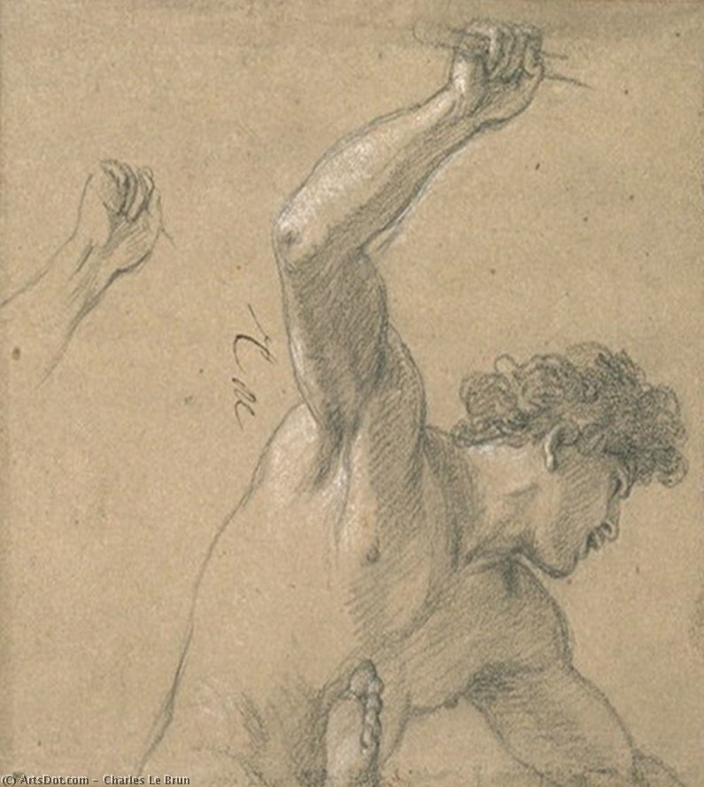 WikiOO.org - אנציקלופדיה לאמנויות יפות - ציור, יצירות אמנות Charles Le Brun - Homme nu, à mi-corps, brandissant un bâton