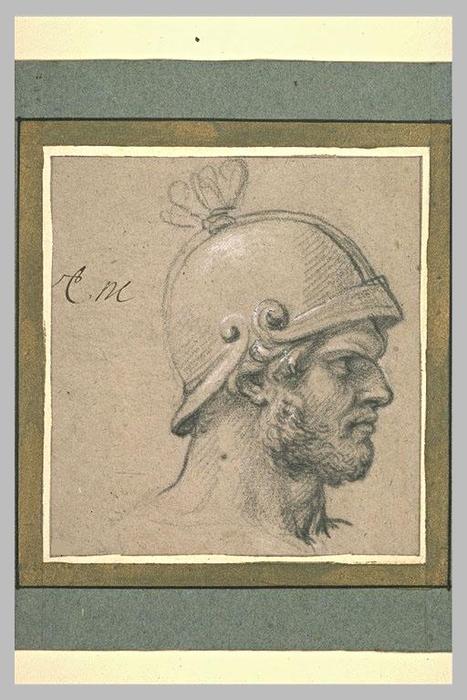 Wikioo.org - The Encyclopedia of Fine Arts - Painting, Artwork by Charles Le Brun - Tête d'homme barbu, casqué, de profil