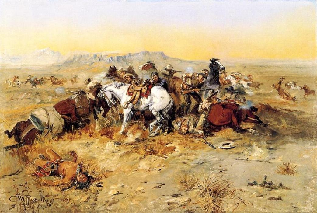 Wikioo.org - The Encyclopedia of Fine Arts - Painting, Artwork by Charles Marion Russell - A Desperate Stand