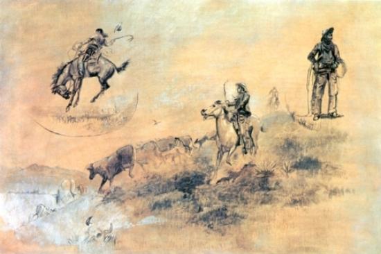 WikiOO.org - Enciclopédia das Belas Artes - Pintura, Arte por Charles Marion Russell - Bronco Busting Driving in Cow Puncher