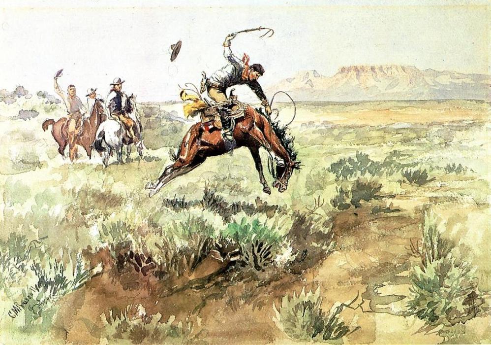 Wikioo.org - The Encyclopedia of Fine Arts - Painting, Artwork by Charles Marion Russell - Bronco Busting