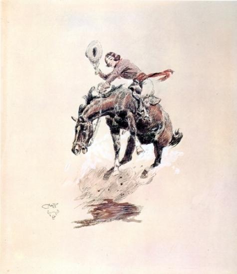 Wikioo.org - The Encyclopedia of Fine Arts - Painting, Artwork by Charles Marion Russell - Bucking Horse and Cowgirl