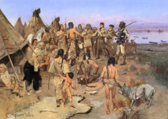 WikiOO.org - Енциклопедия за изящни изкуства - Живопис, Произведения на изкуството Charles Marion Russell - Capt. William Clark Meeting the Indians of the N.W.