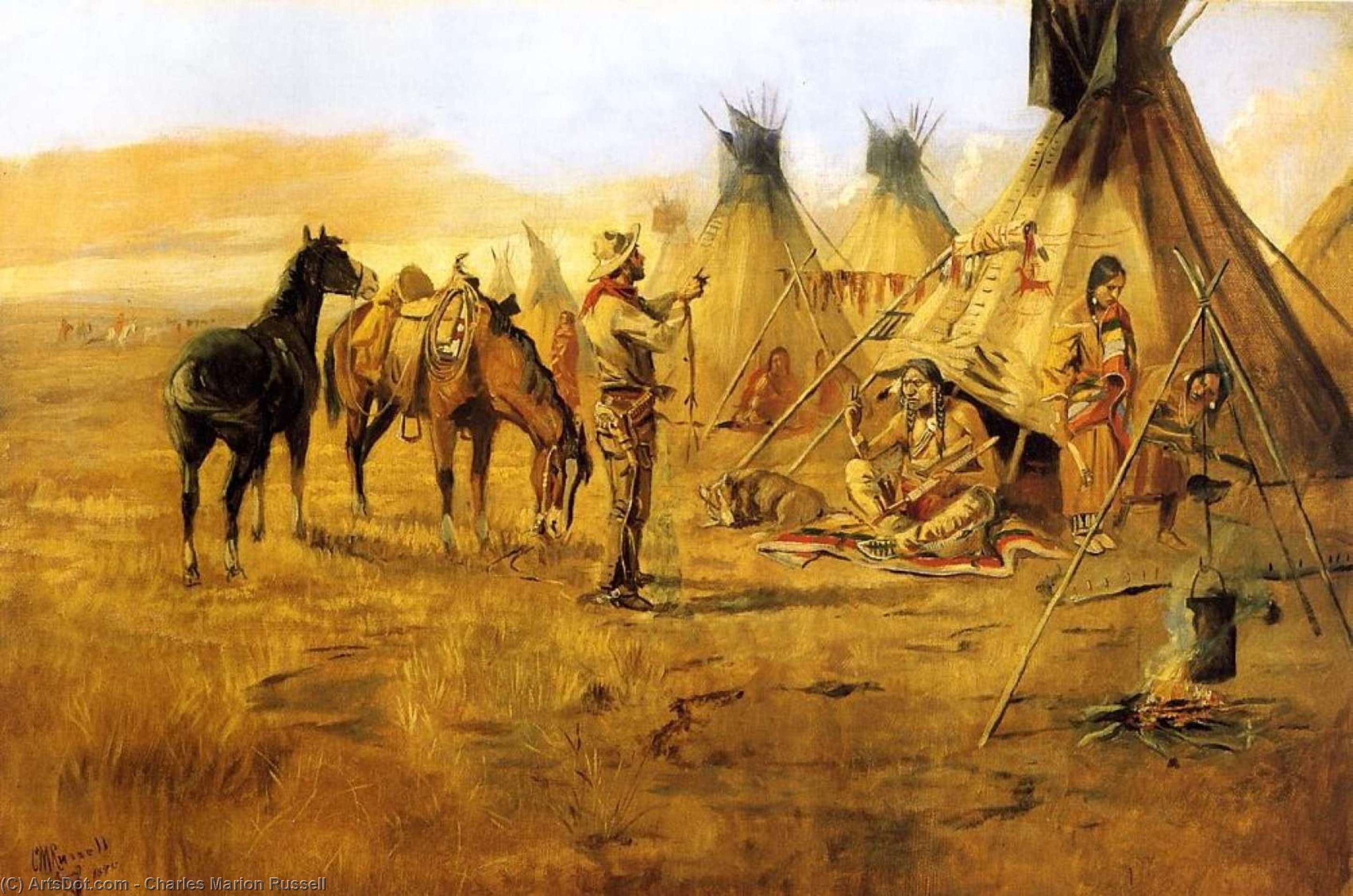 Wikioo.org - The Encyclopedia of Fine Arts - Painting, Artwork by Charles Marion Russell - Cowboy Bargaining for an Indian Girl