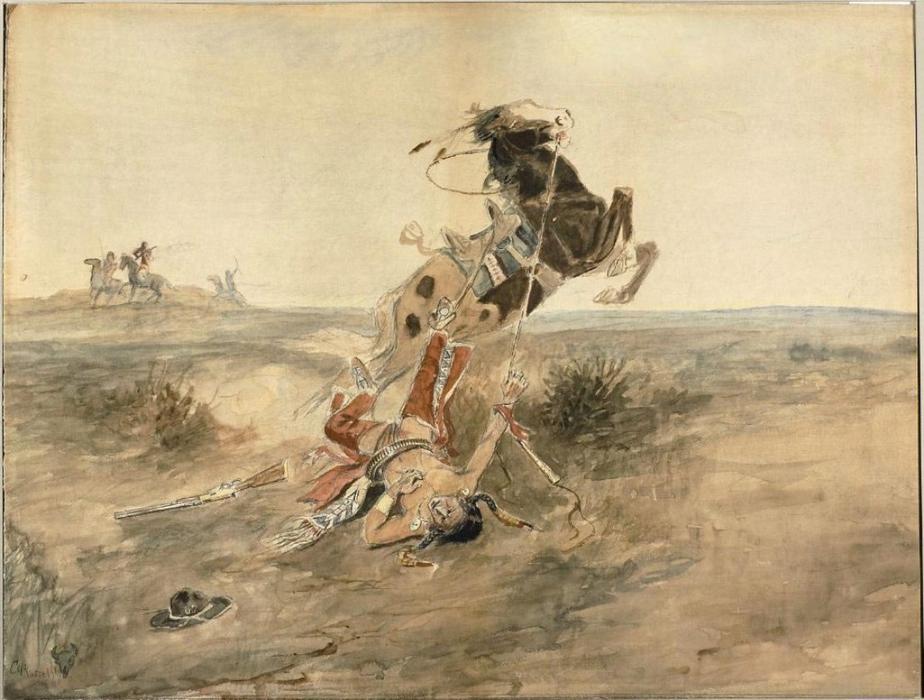 Wikioo.org - The Encyclopedia of Fine Arts - Painting, Artwork by Charles Marion Russell - Fallen Indian Warrior