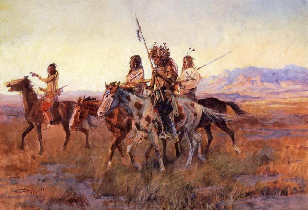 WikiOO.org - Encyclopedia of Fine Arts - Maleri, Artwork Charles Marion Russell - Four Mounted Indians