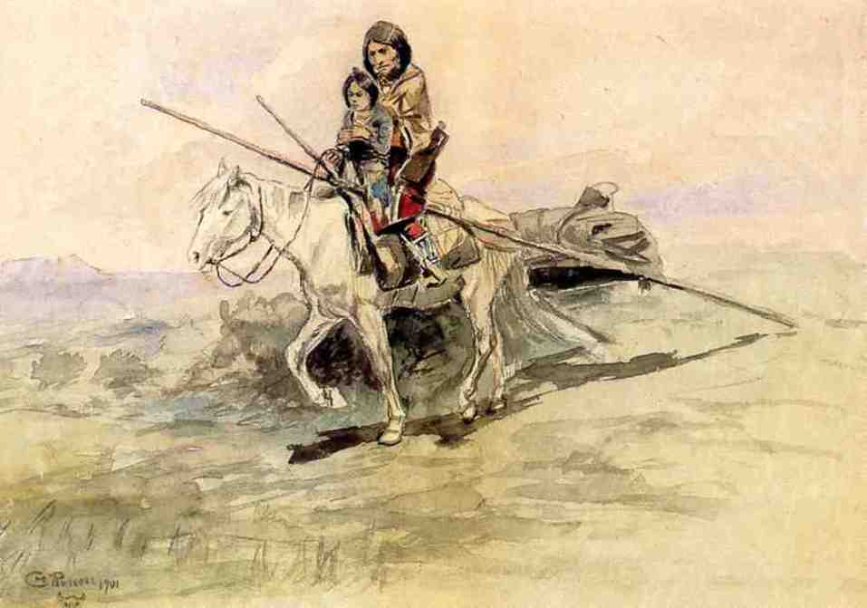 Wikioo.org - Die Enzyklopädie bildender Kunst - Malerei, Kunstwerk von Charles Marion Russell - indisch auf `horseback` mit ein kind