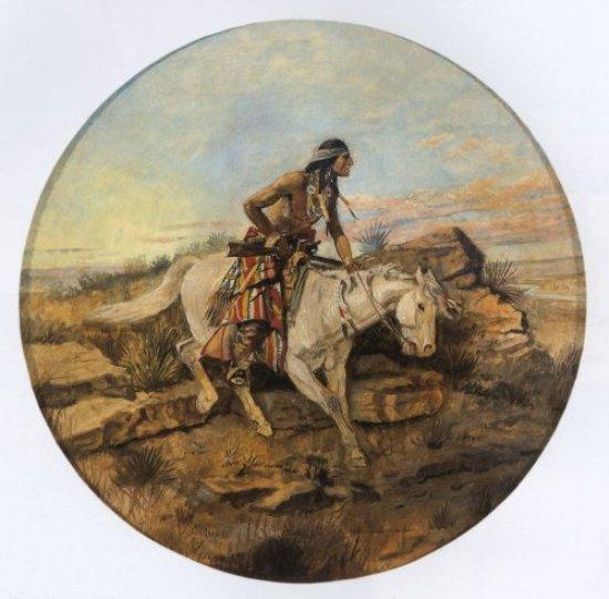Wikioo.org - The Encyclopedia of Fine Arts - Painting, Artwork by Charles Marion Russell - Indian on White Horse with Gun