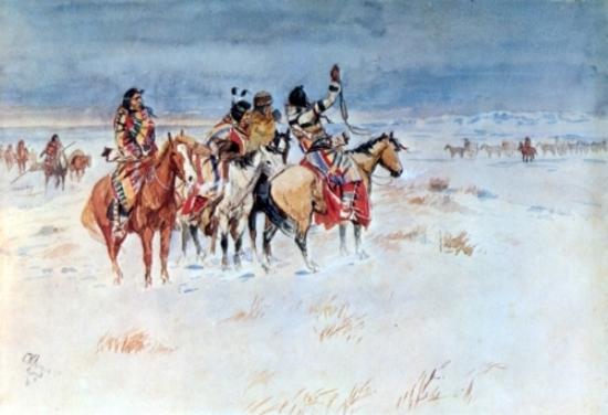 Wikioo.org - The Encyclopedia of Fine Arts - Painting, Artwork by Charles Marion Russell - Indians Hailing Immigrants