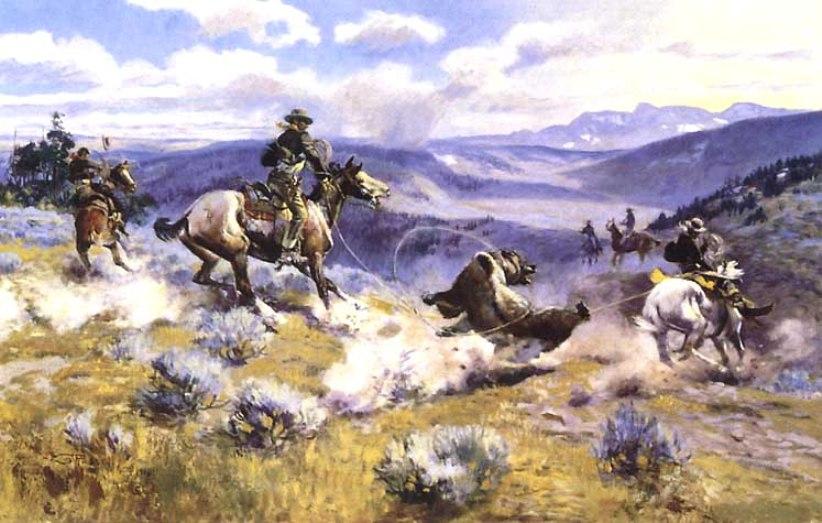Wikioo.org - The Encyclopedia of Fine Arts - Painting, Artwork by Charles Marion Russell - Loops and Swift Horses Are Surer Than Lead