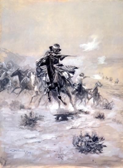 Wikioo.org – La Enciclopedia de las Bellas Artes - Pintura, Obras de arte de Charles Marion Russell - Los ladrones de caballos Navajo Perseguido