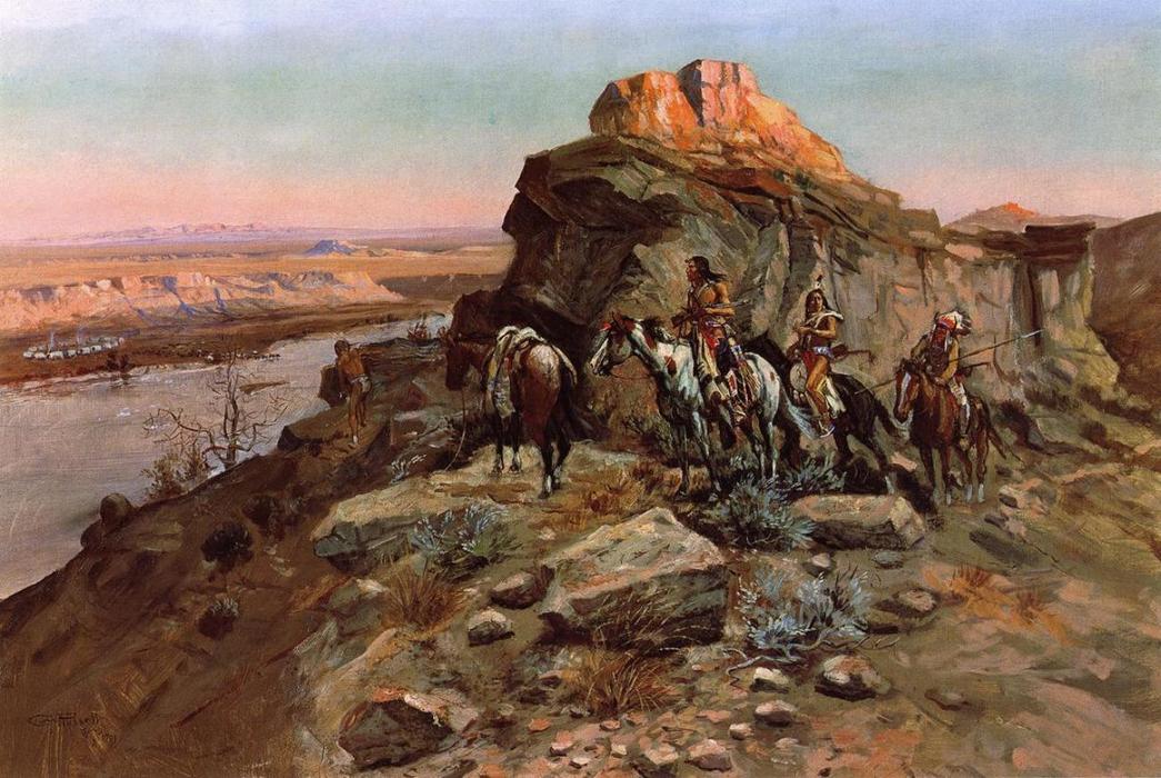 Wikioo.org - The Encyclopedia of Fine Arts - Painting, Artwork by Charles Marion Russell - Planning the Attack